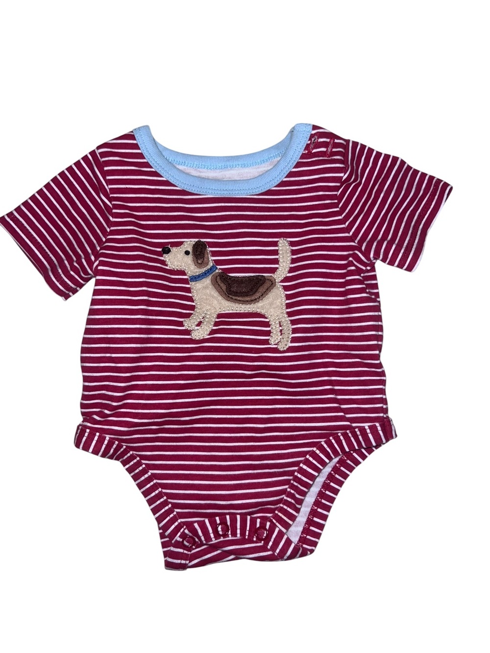 Mud Pie Burgundy, White & Light Blue Striped Dog Applique One-Piece
